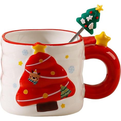 Mug en céramique 3D sapin de Noël 380 ml avec cuillère assortie, motif sapin, tasse festive en relief avec anse en forme d'étoile, adorable tasse à café ou à thé pour les fêtes, cadeau de Noël idéal p (1/5)