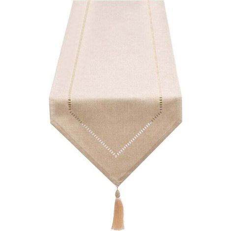 Chemin de table en lin blanc, crème et beige, 32 x 180 cm, de haute qualité, simple, moderne, facile à nettoyer, pour table à manger, table basse et restaurant. (1/5)