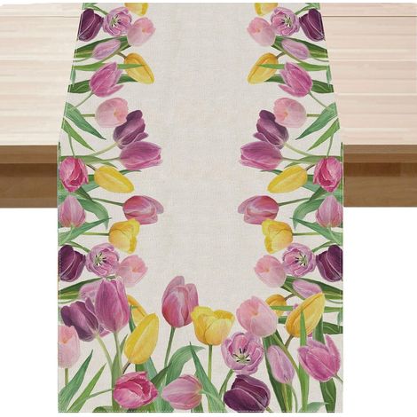 Nappe De Table - Tulipes - Lin Et Jute - Pour Salle À Manger Intérieure - 33 X 183 Cm - 1 Pièce