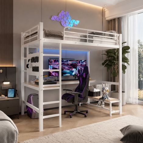 Hochbett 90x200 cm Weiß aus Metall und MDF mit Schreibtisch, LED-Leiste, USB-C, Ablagen, Geländer und Leiter (1/5)