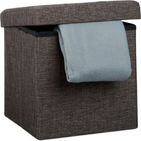 Relaxdays Pouf Pieghevole Con Contenitore, Sgabello a Forma di Cubo, Lino, Coperchio Rimovibile, 38x38x38 cm Marrone (1/5)