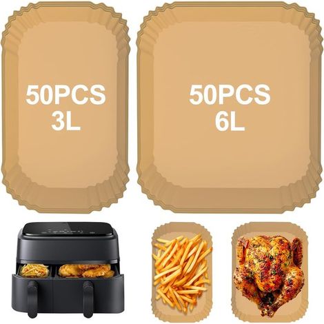 Papier sulfurisé pour friteuse à air chaud - Carré - 100 feuilles - 50 feuilles pour les modèles 3 litres, 50 feuilles pour les modèles 6 litres - Plateaux jetables pour friteuse à air chaud - Sans BP (1/5)