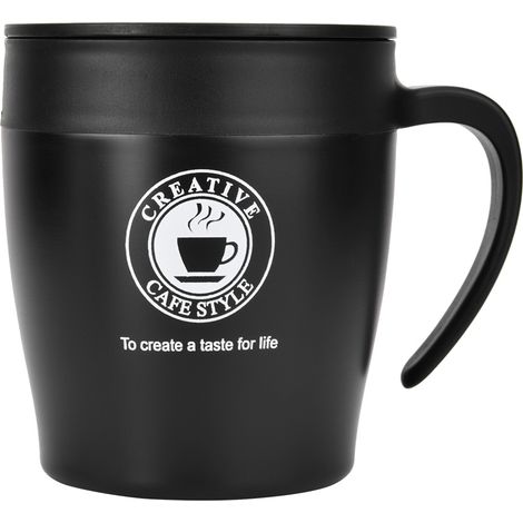 Mug isotherme en acier inoxydable avec cuillère et couvercle, idéal pour le bureau et les voyages (noir) (1/5)
