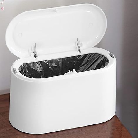 White , Small Tabletop Trash Can with Push Button Lid White Desk Trash Can Mini Plastic Tabletop Trash Can Portable Kitchen Tabletop Waste Bin for Dressing Table, Bedroom, Countertop (1/5)