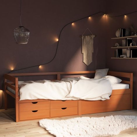 Lit adulte-90 x 200 cm, Cadre de lit avec tiroirs, Lit Simple, Structure de lit et armoire Marron miel Pin 90x200 cm, PDKEI23258 (1/5)