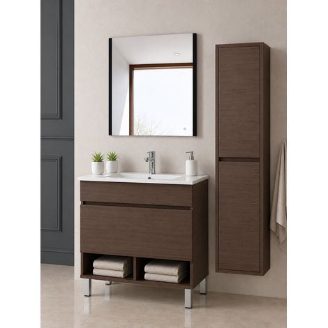 Mobile bagno con piedini con lavabo extrapiano ORIGENBATH NEBARI con piedini e cassetto senza specchio 50x40 cm frassino tea con colonna (1/5)