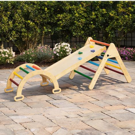 Triangle d'escalade 5 en 1 en bois pour enfants avec toboggan et (1/5)