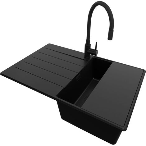 PRIMAGRAN Evier Cuisine en Granit 78x50cm, Lavabo 1 bac + Kit de Vidage + Accessoire, Évier à Encastrer au meuble 45cm - Copenhague, Tout Noir (1/5)