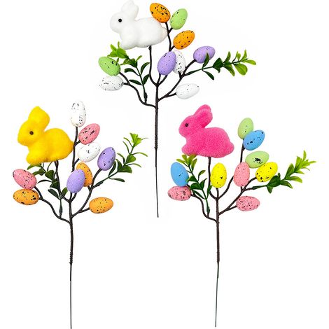 3 künstliche Ostereier-Stiele für die Osterdekoration, orange, weiß, dunkelrosa, Hase, 28 cm (1/2)