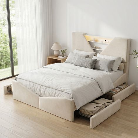 Lit adulte 140x190, 4 tiroirs, lit double capitonné avec éclairage LED, tête de lit avec rangement étagères,  velours, style scandinave moderne(140x190cm, Beige)