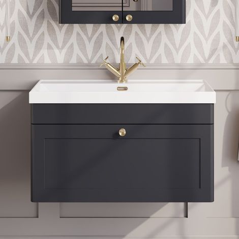 Nuie Classique Wall Hung 1-Drawer Vanity Unit with 1TH Thin-Edge Basin 800mm Wide - Satin Anthracite