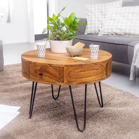 Table basse ronde 1 tiroir 60x60x44,5 cm en sheesham massif (1/5)