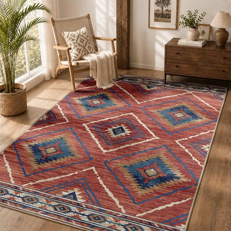 Tapis de Salon Lavable en Machine 90x150cm Tapis antidérapant, Tapis de Chambre Style marocain pour Le Salon, l'entrée, la Chambre et la Cuisine, Rouge (1/5)