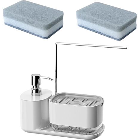 Distributore di sapone da cucina con vassoio e porta spugna, distributore di sapone per mani e posate con porta asciugamani, organizer per lavello, pratici accessori da cucina - bianco