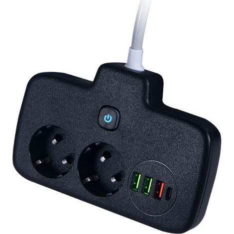 Multiprise Compacte 2 Prises Schuko + 3 USB + 1 USB-C, Interrupteur Général, Câble 0.2m, Noir (1/4)