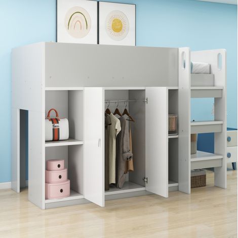 Lit mezzanine 90x200 cm gris en bois massif avec escalier, rangement, armoire et étagères (1/5)