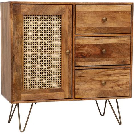 Nyack Small 3 Drawer Sideboard - Mango Wood/Iron - L40 x W90 x H87 cm - Light Brown with Natural Rattan - Assembly Required