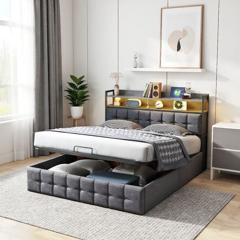 Polsterbett 160 x 200 cm  mit LED-Beleuchtung und USB, Doppelbett mit  hydraulisch und Stauraum, modern Jugendbett mit Kopfteil und Lattenrost, Leinen Grau, Ohne Matratze