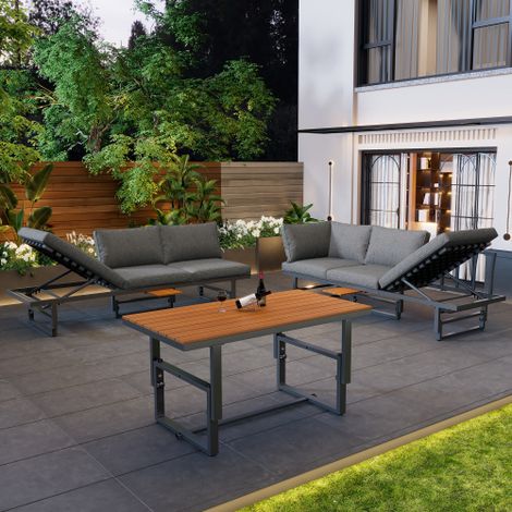 Salon de jardin exterieur,Ensemble table et chaises de jardin,position d'angle avec fonction d'inclinaison réglable,structures en fer thermolaqué,avec salon de jardin coussins,table basse,Gris (1/5)