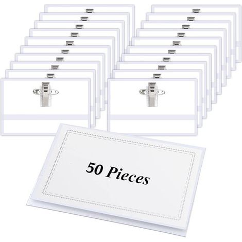 Confezione da 50 porta badge con clip e spille, dimensioni 90 x 56 mm, trasparenti e impermeabili, ideali per infermieri, scuole e aziende. (1/5)