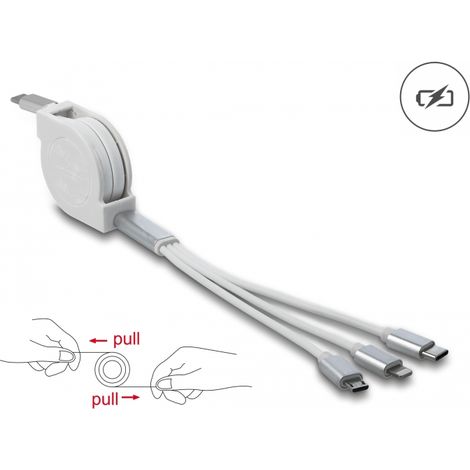 Delock Cable de carga retrÃ¡ctil USB Type-Câ¢ 3 en 1 para Lightningâ¢ / Micro USB / USB Type-Câ¢ blanco