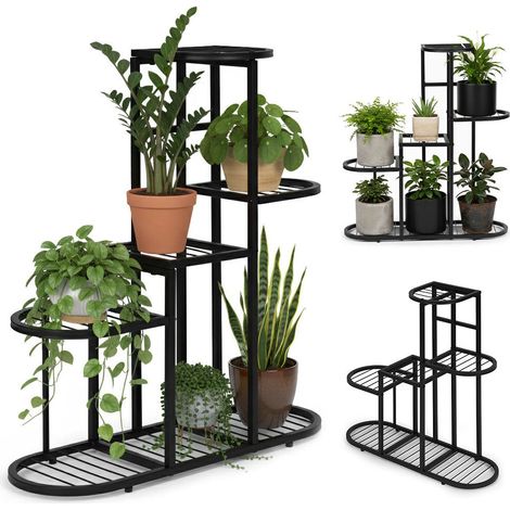 Supporto per piante in acciaio a 5 ripiani - nero antiscivolo carico 30 kg (1/5)