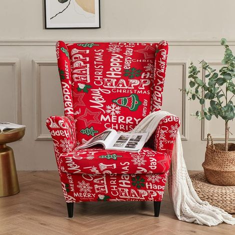 2-teiliges Stretch-Ohrensessel-Überzugsset mit T-förmigem Kissenbezug und rutschfestem Stuhlbezug (Weihnachtsrot) (1/5)