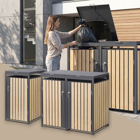 ML-Design Cache Poubelle pour 3 Bacs jusqu'à 240L, Abri Extérieur Habillage Résistant aux Intempéries, en Acier Thermolaqué, avec Porte et Couvercle Ouvrant, 200 x 80 x 120 cm, Aspect Bois Anthracite (1/5)