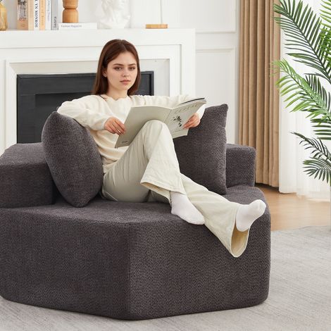Fauteuil lounge hexagonal modulable 138 x 122 x 76 cm en chenille grise REDOM (1/5)