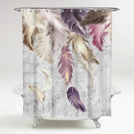 Rideau de douche (180 x 200 cm, motif plumes), grand choix de magnifiques rideaux de bain, haute qualité, anneaux inclus, imperméable, anti-moisissure (1/3)