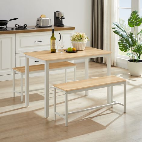 Ensemble table à manger 110x60 cm avec 2 bancs, gain de place, bois et métal, blanc rustique et naturel (1/5)