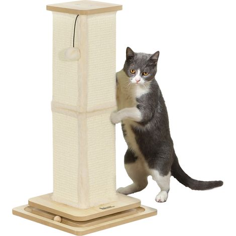 3-in-1-Kratzbaum mit Spielschiene, Spielball, Sisal, bis 5 kg, 34 x 34 x 67 cm, Eiche/Creme