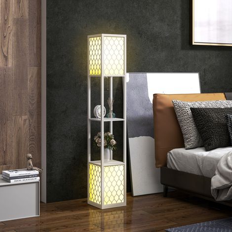 Lampadaire étagère 2 lampes 2 étagères 4 niveaux MDF gris motif nid d'abeille 26 x 26 x 156 cm gris