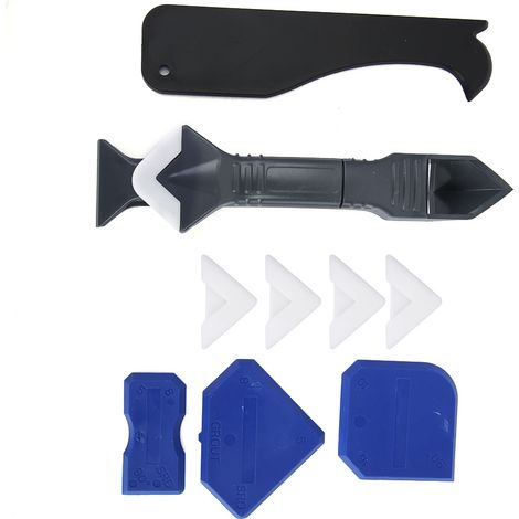 Kit de 10 outils pour mastic silicone : pelle, grattoir et dissolvant pour mastic silicone, verre et ciment.