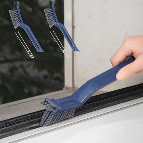 Un ensemble de 2 brosses de nettoyage multi-usages en forme de V, adaptées au nettoyage des carreaux de salle de bain, des rails de fenêtres, des joints de carrelage et des articles ménagers (bleu). (1/5)