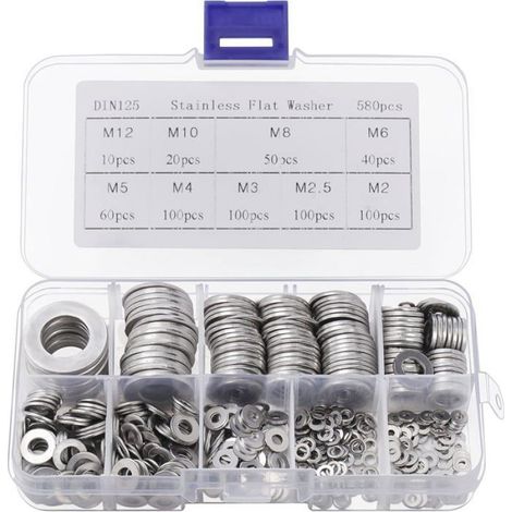 Rondelle Inox avec Boîte de Rangement (Lot de 580) - Assortiment de 9 Tailles M2, M2.5, M3, M4, M5, M6, M8, M10 & M12 (1/5)