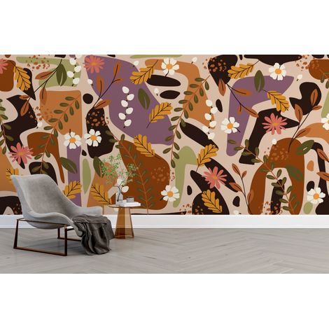 Papier peint boho patchwork de motifs floraux et feuilles dautomne - 400 x 260 cm (1/2)