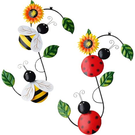 Set De 2 Sculptures Murales En Métal - Abeille Et Coccinelle - Pour Extérieur Et Intérieur - Dimensions 39 X 31 Cm - Lot De 2 (1/5)