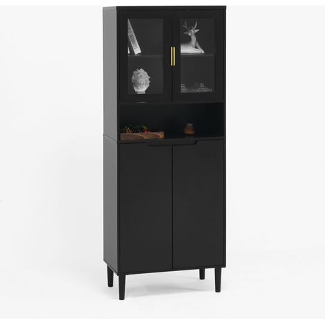 Bibliothèque haute avec porte en verre trempé et étagère réglable, armoire MDF laquée à 4 portes, noire, rangement pour salon et chambre (1/5)