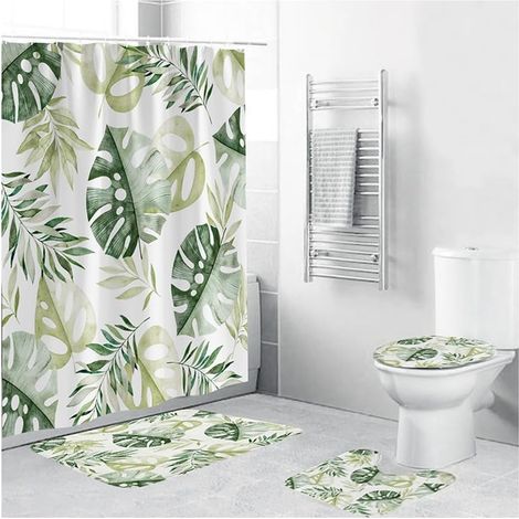 Ensemble de rideau de douche 4 pièces, motif plantes et feuilles de palmier printanières imprimées.