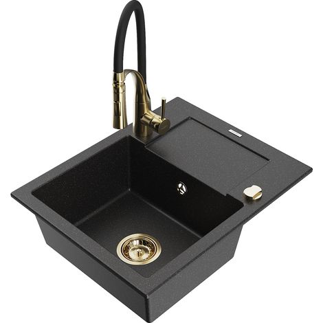 Mexen Enzo fregadero de granito de 1 cubeta con escurridor y grifo de cocina Aster, negro/metálico plateado (1/5)