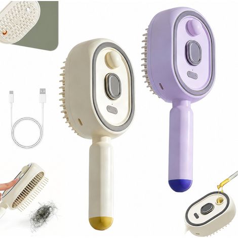 Cepillo de masaje eléctrico con terapia de luz roja - Cepillo de vapor para el cabello con nano niebla - 2 piezas - Morado/Blanco - Antifrizz y autolimpiante - Lujoso (1/4)