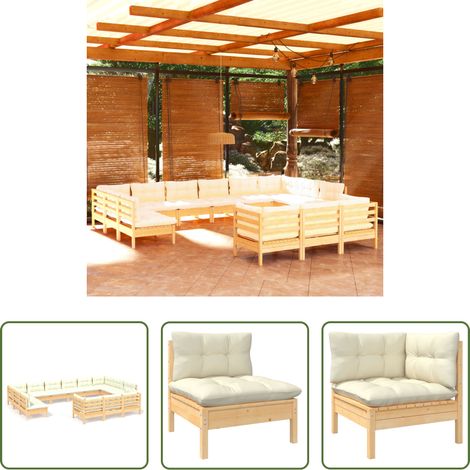 Holzgartenmöbel - 13-tlg. Garten-Lounge-Set mit Creme Kissen Kiefernholz (1/5)