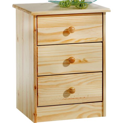 Idimex – Table de chevet Rondo en pin massif vernis naturel – 3 tiroirs sur rails plastiques – Dimensions tiroirs 33x10x27cm – Style rustique