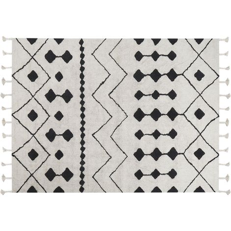 Alfombra de algodón blanco crema negro 160 x 230 cm geométrico borlas Khemisset