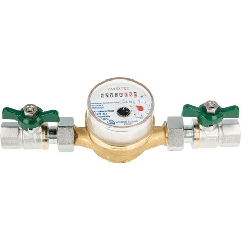 Einstrahlzähler ETK Kombi-Set (Kaltwasser) bis 30 Grad Länge 110 mm, inkl. Kugelhähne grün 1/2 Zoll