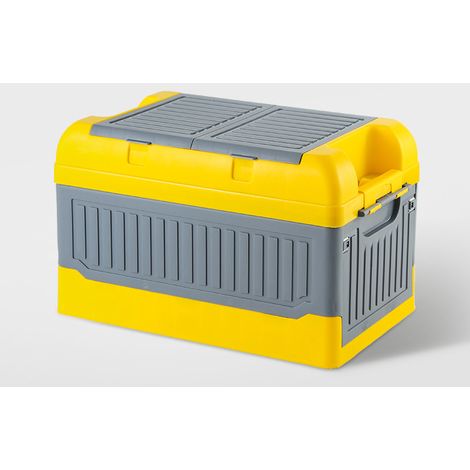 Coffre de rangement auto coffre voiture PP pliable 47x30x30cm 2 rabats multi compartiments bac organisation avec sac étanche jaune gris (1/4)