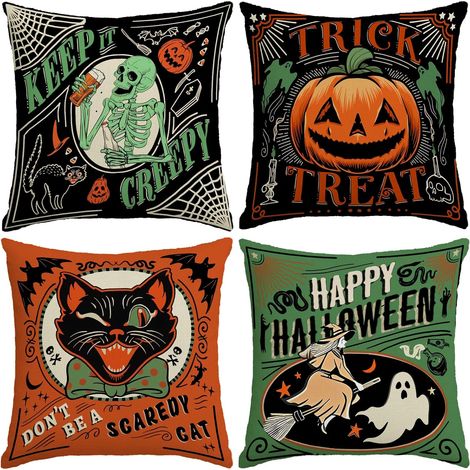 Fundas de cojín decorativas vintage para Halloween, 45 x 45 cm, juego de 4, para otoño, uso interior y exterior. Estampado de fantasmas en negro y verde. (1/4)