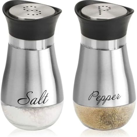 Ensemble de 2 salières et poivrières acier inoxydable et verre, récipient épices avec étiquette, argent. (1/5)