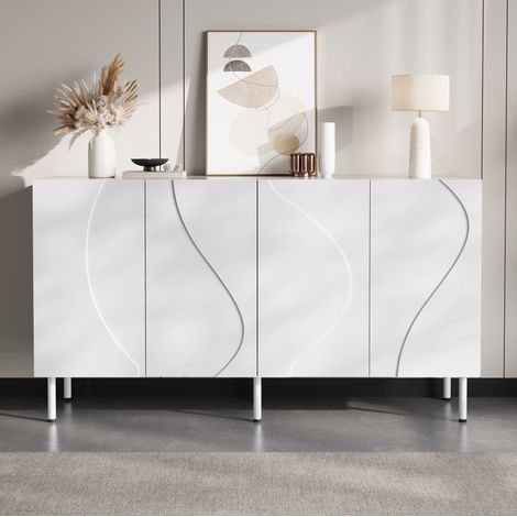 Credenza 140/40/77,5 cm bianca con 4 ante curve e apertura push-to-open (1/5)